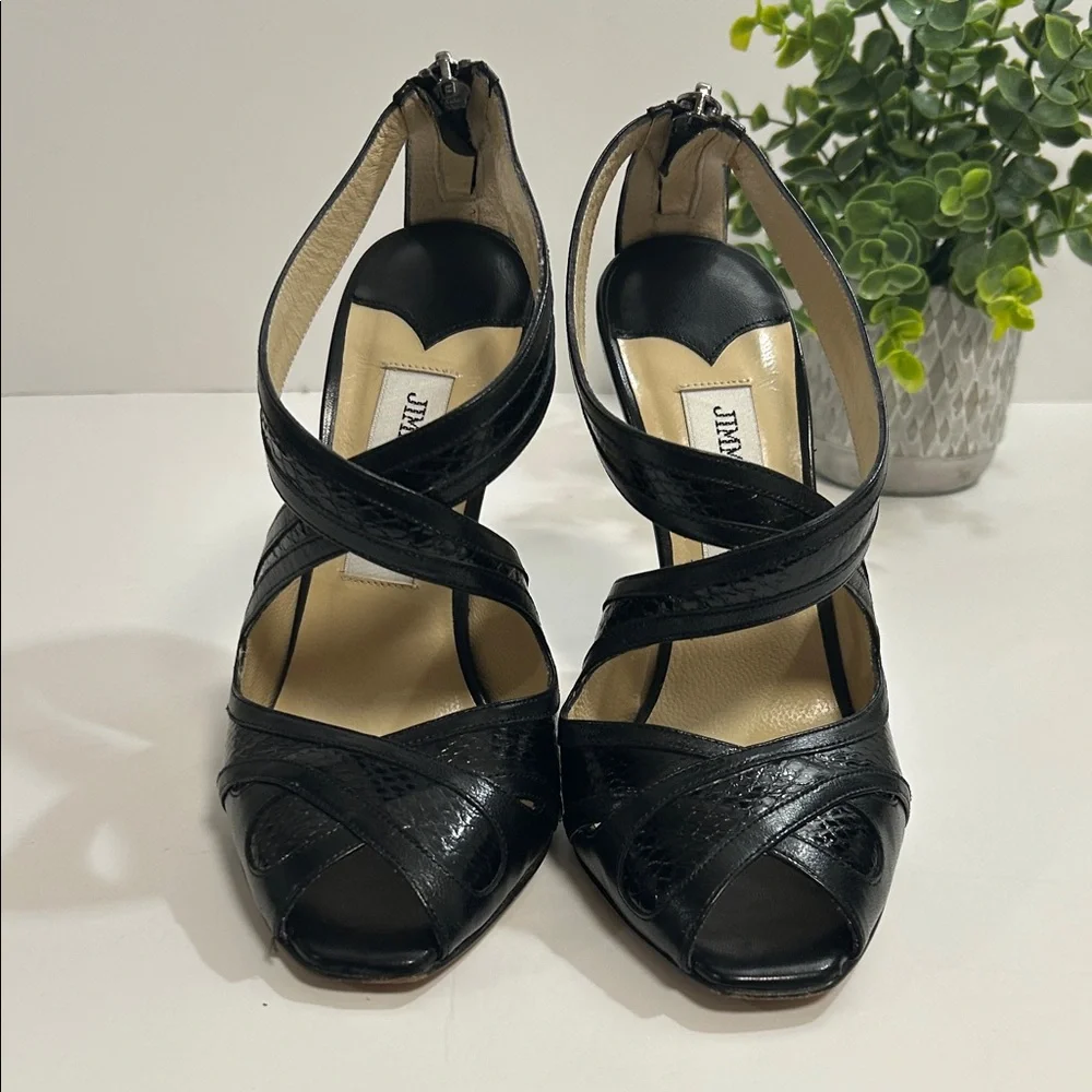 Jimmy Choo Black Patent Leather Strappy Peep-Toe Heels